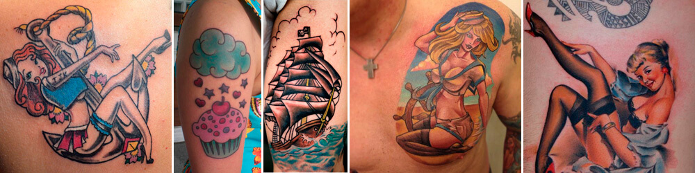 Tatuajes PinUps Pecho, Brazo, Mujer, Hombre, Pastel, Barco, Color
